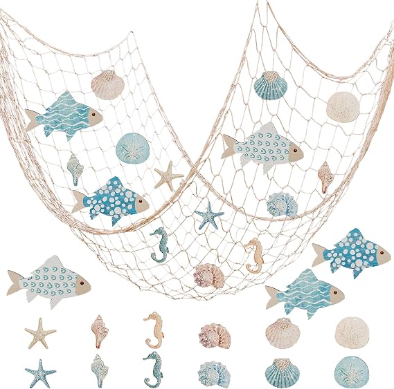 16 Pcs Fish Net Decorations Nautical Decor with Nets Fish Shells