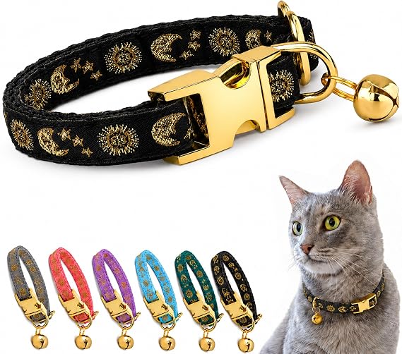 Cat Collar with Bell, Non Breakaway Kitten Collar for Cats, Adjustable Moon and Stars Cat Collar for Girl Boy Cats, Cute Celestial Collar for Daily Wear and Photos