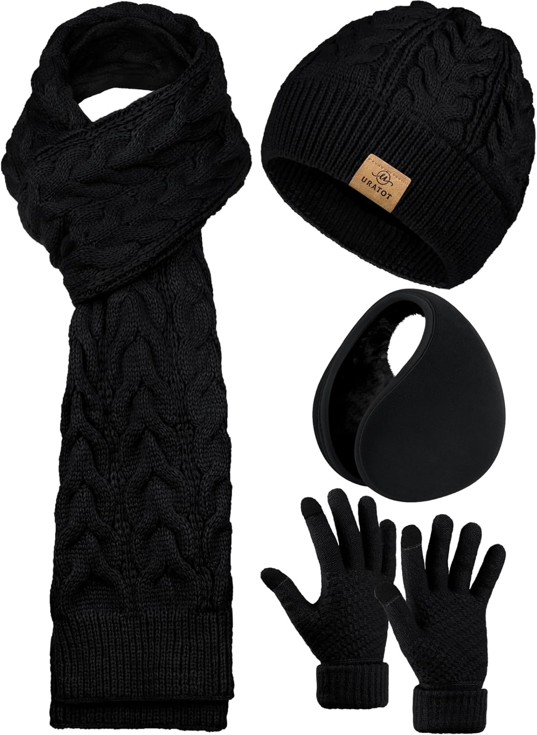 URATOT 4 Pack Winter Knitted Set Thick Knitted Beanie Hat Scarf Gloves Ear Warmer for Men or Women