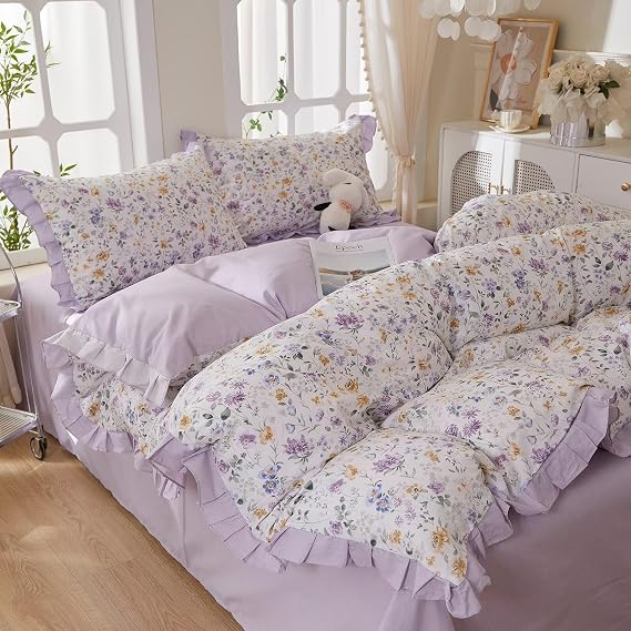 Purple Floral Twin XL Comforter Set 3 Pcs 100% Cotton Comforter with Lightweight Down Alternative Filling,Cute Ruffle Bedding Set 3 Pieces for Teen Girls Women,1 Comforter& 2 Pillowcases