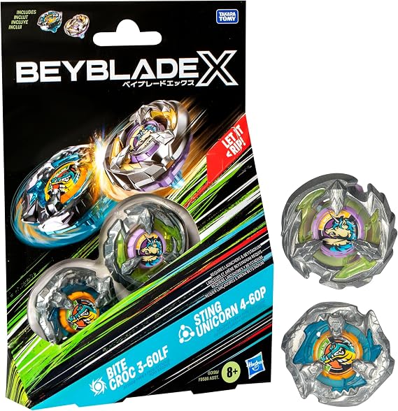 Beyblade X Bite Croc 3-60LF and Sting Unicorn 4-60P Dual Pack Set with 2 Right-Spinning Tops; Battling Top Toys for 8 Year Old Boys and Girls