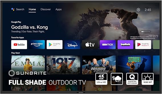 SunBrite Veranda 3 Series 75-inch Full Shade Smart Outdoor TV | 4K Ultra HD HDR QLED Weatherproof Television - 1,000 nit Ultra Bright Screen, All-Weather Voice Remote