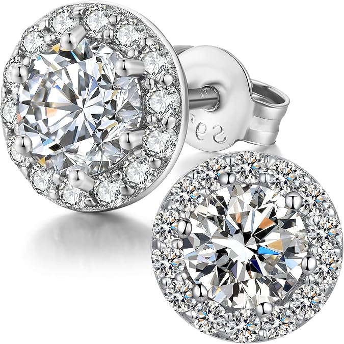 Jiamiaoi 18K White Gold Plated 3.5 Carats Round Halo Earrings 925 Sterling Silver Solitaire Stud Earrings for Women Men, Sparkle 5A+ Cubic Zirconia Studs Fashion Jewelry for Women