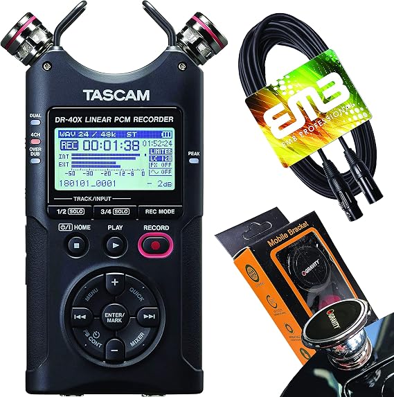 TASCAM DR-40X 4-Channel Handheld Recorder and 2-in/2-out USB Audio Interface with EMB Cable and Gravity Magnet Phone Holder Bundle