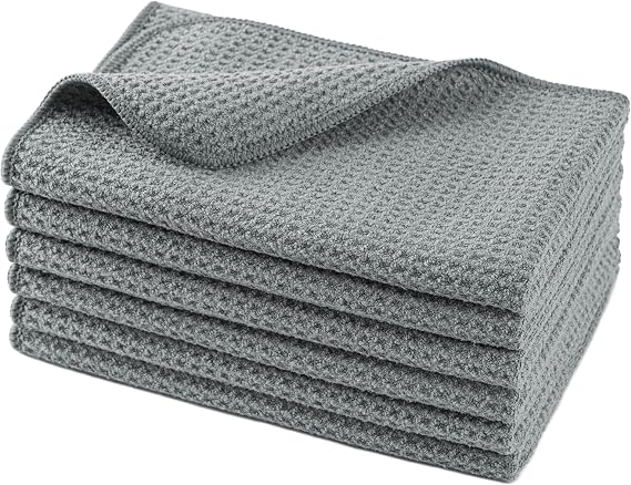 POLYTE Microfiber Drying Towel (16x16, 6 Pack, Waffle, Gray)