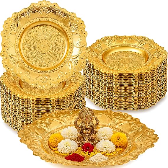 12 Pack Nakshi Plate Indian Pooja Thali 3.9in Gold Return Gift