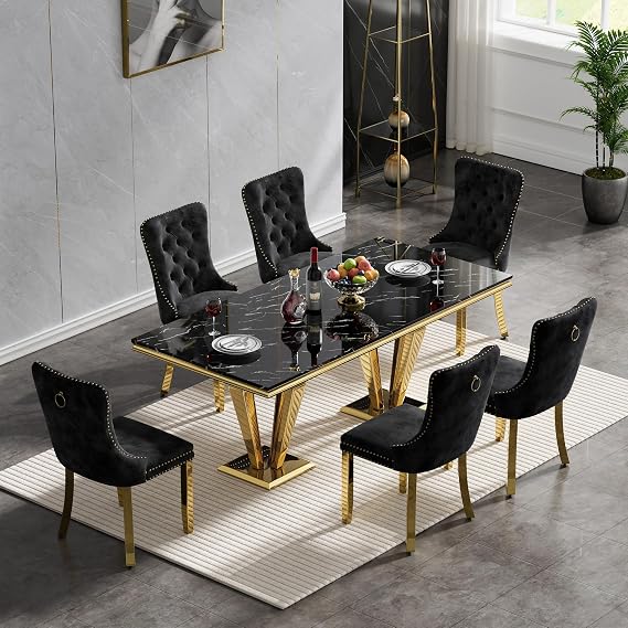 7 Pieces Dining Table and Chair Set for 6, Luxury Marble Dining Table Set for 6, 68'' Black Gold Dining Room Table with 6 Tufted Dining Chairs, High Glossy Steel Base Dining Kitchen Table Set for 6