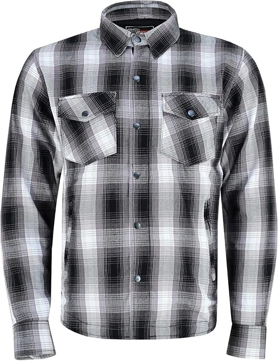 Mens Armored Checkered Flannel Biker Shirt, Multiple Waterproof Storage Pockets CE Approved Armor Reinforced Water Resistant