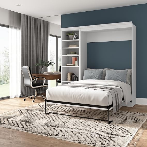 Bestar Full Murphy Bed with Closet Organizer, White, Versatile, 84W | Closet Organizer; supports up to 1000 lb; min. ceiling height 86.8 in.; dual piston mechanism
