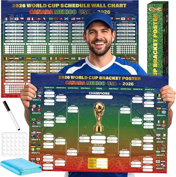 HiFulerr World Cup Bracket Poster 2026 (2 Pieces) 16.523 inch Soccer Tournament Wall Chart with Dry Erase Marker & Cloth, Knockout Schedule Poster, Fan Gift & Party Decorations