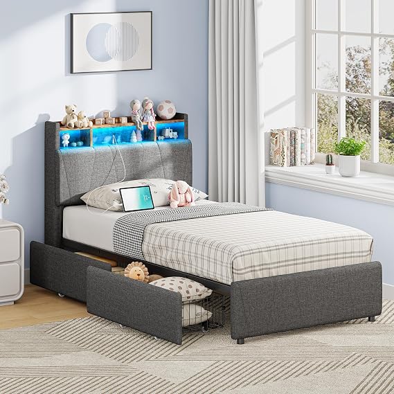 LIKIMIO Twin Bed Frame with 2 Drawers, Charging Station & LED Lights, Grey