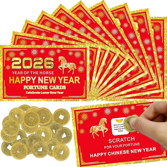 24 Counts Chinese New Year 2026 Horse Theme Scratch Off Fortune Cards with 24 Fortune Coins, Lunar New Year Scratch Game Cards, Spring Festival Party Supplies for Presents Gifts