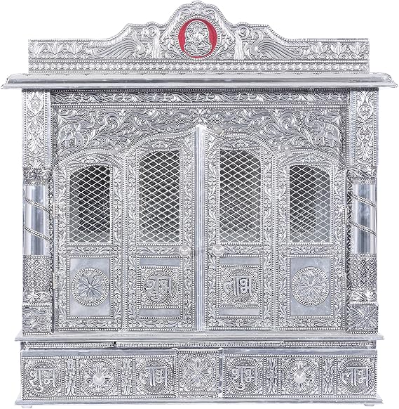 Silver Mandir for Home - White Oxidized - with Door (Large)