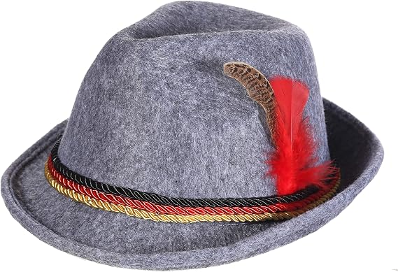 Oktoberfest Fedora Gray Hat, Bavarian Style, With Feather and Rope - Holiday Hats for Parties - Oktoberfest Outfits for Women and Men - Fall Decorations - Traditional German/Bavarian Hats (Fedora)