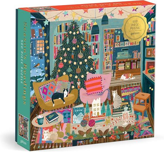 Galison Season's Reading 500 Piece Foil Jigsaw Puzzle Featuring Beautiful Artwork of A Cozy Christmas Bookshop Scene with Gold Foil Accents