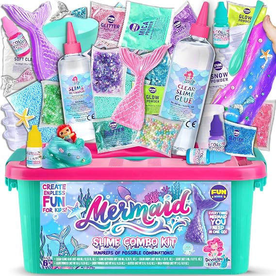 Summer Gift Mermaid Slime Kit for Girls, FunKidz Shimmer Slime Making Kit for Kids Age 8-12 DIY Soft Glitter Glossy Metallic Slime Toy
