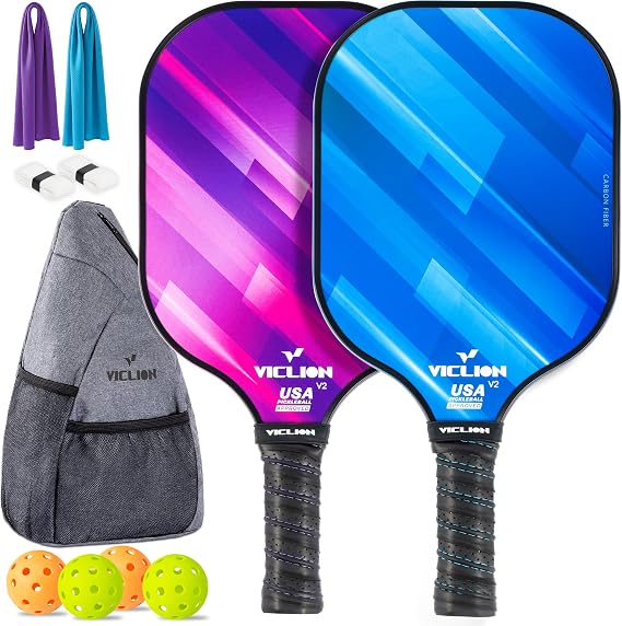 VICLION Carbon Fibre Pickleball Paddles Set of 2, USA Pickleball Approved | Grit-Textured Spin Surface, PP Honeycomb Core, Lightweight Design For Beginner, Includes 4 Pickleballs & 1 Bag