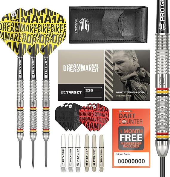 Target Darts Dimitri Van den Bergh Dimi 24G Tungsten Steel Tip Darts Set - 9 Pro Grip Shafts - 9 Pro Ultra Flights Dart Wallet - Dart Counter App Coupon Bundle