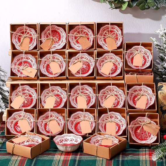 SiliFine 24 Pcs Christmas Favors for Guests Small Ceramic Bowl Bulk Gifts Set 3.3 Inch Christmas Snowflake and Elk Design Mini Dipping Bowl Sauce Dish with Cards Box for Xmas Party Favors Supplies