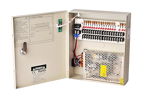 EVERSECU 18 Channel DC12V 10 Amp Reset Fuse CCTV DC Distributed Power Box with AC Plug and Lock for Security Cameras, DVRs, CCTV Power Supply