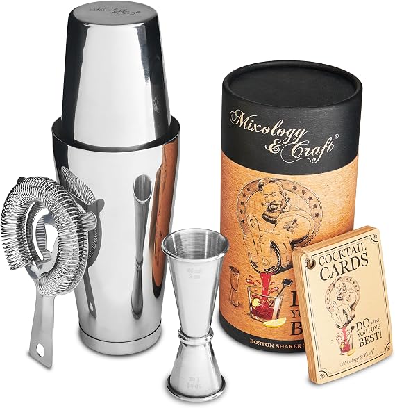 Mixology & Craft Boston Shaker Set with Weighted Martini Shakers | Cocktail Shaker Set Includes Strainer and Japanese Jigger | Great Gift Bar Set with Exclusive Recipe Cards | Leak-Proof (Silver)
