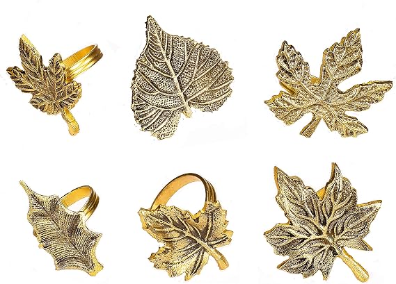 Alpha Living Home Gold Leaf Napkin Rings, 6-Pack Metal Autumn Harvest | Antique gold finish, rust-resistant metal, 2.5x1.75 in each, mixed leaf designs, stackable, set of 6