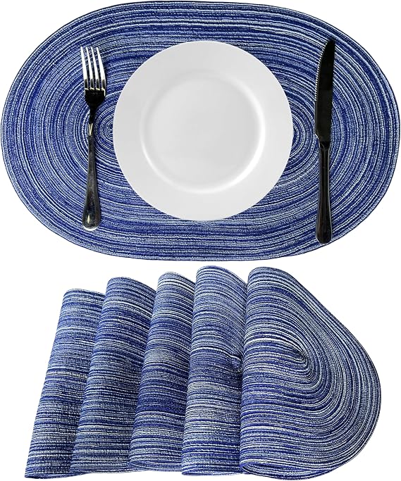 WAZAIGUR Oval Placemats Set of 6, Woven Braided, 18 x 12 Inch, Blue & White